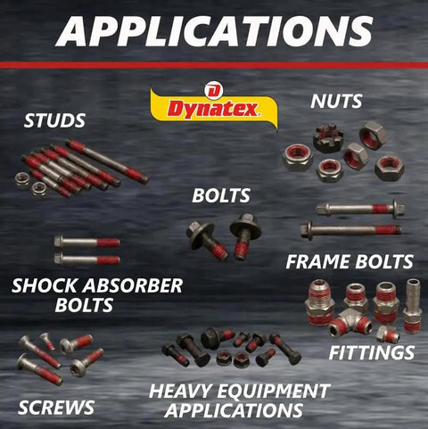 Applications for Dynatex Red Hi Temp Threadlocker showing bolts, nuts, screws, and fittings on metal surface background