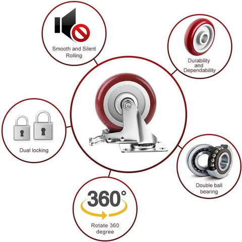 Heavy Duty 5 Inch Swivel Caster Wheels Set With Locking Brakes And 1500 Lb Capacity Each 4 Pack Rubber Plate Casters Features