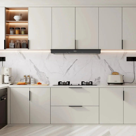 Modern kitchen with cabinets fitted with 10 Pack Black 3 Inch Edge Finger Cabinet Pulls With 76mm Center To Center 120mm Overall Length 20mm Height