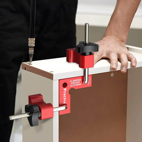 90 Degree Mini Positioning Squares Set of 2 in Red Aluminum Alloy Right Angle Clamps for Picture Frames Cabinets Drawers used on a cabinet