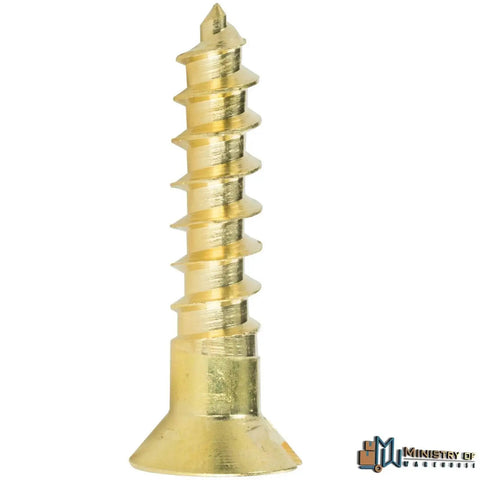 Close-up of a Flat Head Brass Wood Screws Slotted Drive No. 4 By 3/8 Inch Solid Brass 100 Count Partial Thread DIY Friendly Screw