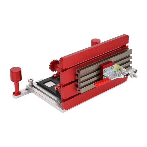 Adjustable Table Saw Push Handle with Aluminum Alloy Vertical Backer and Clamp, secure guide for woodworking, red and silver design