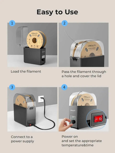 Steps for using Filament Dryer Box Pro with 360 degree heating and fan, showing filament setup, cover, power connection, and settings