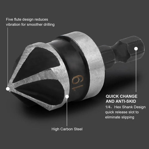 Close-up of a 12mm five flute 90 degree chamfering countersink drill bit with 1/4 inch hex shank made of high carbon steel, designed for smoother drilling.