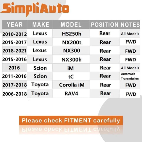 Fitment chart for Rear Wheel Hub Bearing Assembly Fits Left Or Right Side For Lexus HS250h NX200t NX300 NX300h Scion iM tC Toyota RAV4