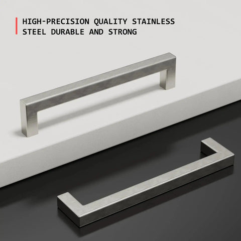 5 Inch Brushed Nickel Cabinet Pulls 10 Pack Square Handles Modern Stainless Steel Hardware For Cabinets Drawers Dressers Closets Smooth Brushed Nickel Finish Center Hole 5 Inch For Easy Installation showing two handles on white and dark surfaces