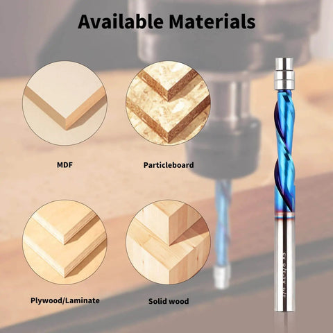 Downcut Spiral Flush Trim Router Bit Pro Grade One Quarter Inch Shank Solid Carbide Nano Coated with examples of materials
