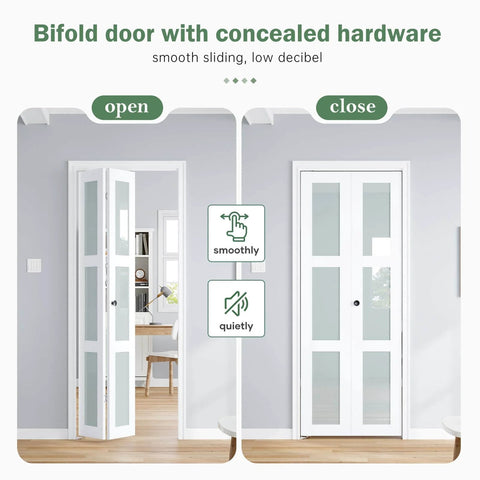 Space Saving Bifold Door For 30 By 80 Opening Preassembled White Frosted Glass Folding Barn Door With Concealed Hardware Kit