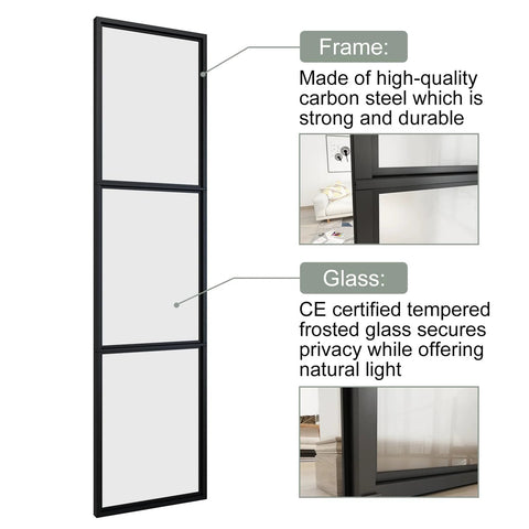 Two Sets Of 18 Inch By 84 Inch Three Paneled Frosted Glass Double Barn Doors With Carbon Steel Frame And Hardware Kit Soft Close Included Easy To Install, showing close-up details of carbon steel frame and frosted glass.