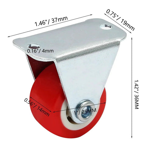 Rigid 1 Inch Caster Wheels Set for Furniture and Cabinets Non Swivel Fixed Plate Casters, red PVC roller dimensions shown