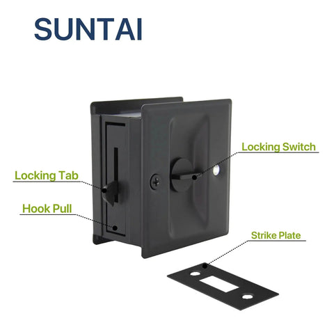 Privacy Sliding Door Lock With Pull In Matte Black Finish, Solid Brass Pocket Door Lock For 1-3/8 Inch Thick Doors, 2-3/4 By 2-1/2 Inch Mortise Size, Reversible For Right Or Left Handed Doors, Four Pack