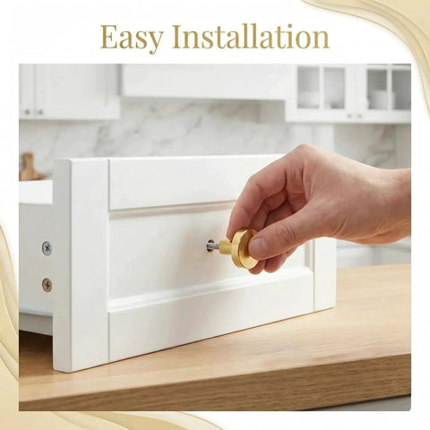 Installing 4 Pack Gold Solid Brass Round Drawer Knobs With Mounting Screws on a white cabinet