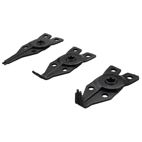 Close-up view of three interchangeable jaw tips for Go To Five Piece Interchangeable Jaw Snap Ring Plier Set With Straight 45 Degree And 90 Degree Angles.