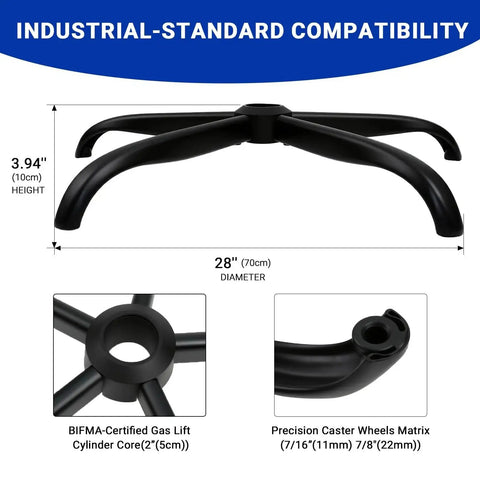 Heavy Duty 28 Inch Office Chair Base Replacement For Most Chairs 2400 Lbs Capacity Matte Black Metal Legs With Universal Casters Sockets Fits Seven Sixteenth Inch By Seven Eighth Inch Casters And Two Inch Gas Cylinders For Swivel Gaming Chairs showcasing metal legs and caster sockets.