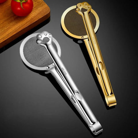 Stainless Steel Oil Strainer Spoon And Frying Oil Filter Clamp With 304 Claw Design for kitchen use, shown in silver and gold color.