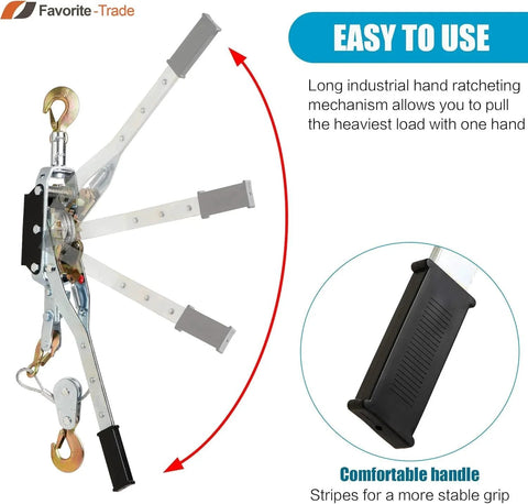 Heavy Duty Come Along Winch With 5 Ton Capacity And 10 ft Steel Cable Three Hooks Dual Gear System, ergonomic handle close-up