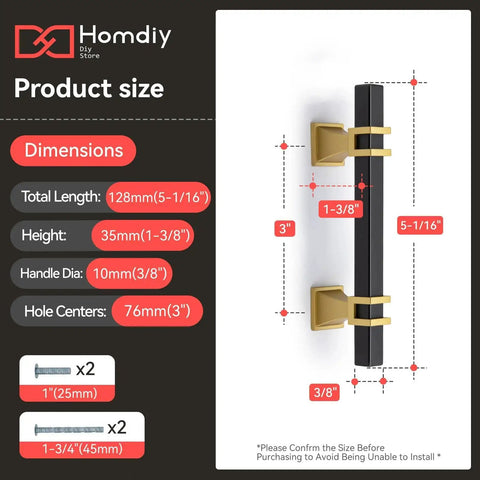 Dimensions chart for 10 Pack Black And Gold Cabinet Pulls 5 1/16 Inch Overall Length With 3 Inch Center Hole Stainless Steel Grips And Zinc Alloy Base.