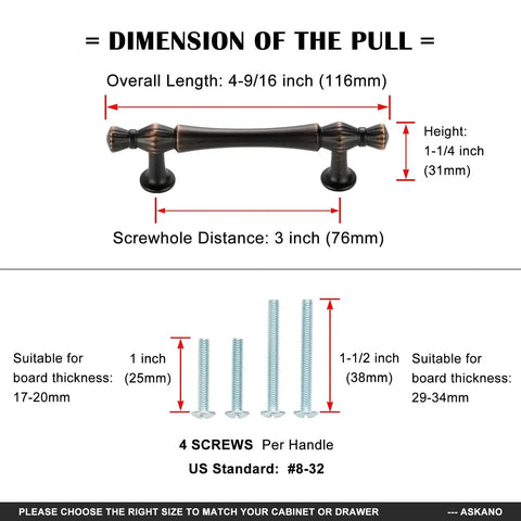 Diagram showing dimensions of 10 Pack 3 Inch Hole Centers Antique Brass Cabinet Pulls Vintage Brass Cabinet Hardware.