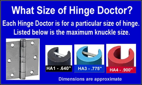Chart showing What Size of Hinge Doctor with hinge knuckle sizes for HA1, HA3, HA4 and a hinge illustration