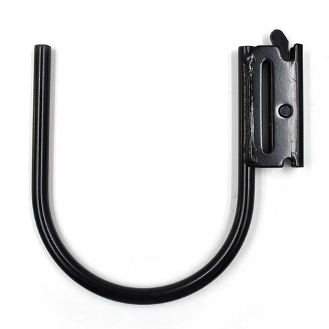 Close-up of black Heavy Duty E-Track J Hook, part of a 5 Inch Set For Cargo Tie Down Systems In Trucks Trailers And Vans.
