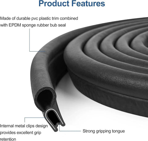 Close-up of 10 Ft Car Door Weather Stripping Rubber Seal Strip With Top Bulb, showcasing U-shape PVC trim with internal metal clips.
