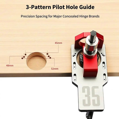 35mm Concealed Hinge Jig System for Cabinets showing 3-pattern pilot hole guide with precision spacing for hinge brands.
