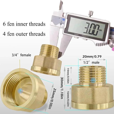 Two brass pipe fittings set: 3/4 in NPT to 1/2 in NPT reducer adapter and 3/4 in NPT x 1/2 in NPT coupling sleeve
