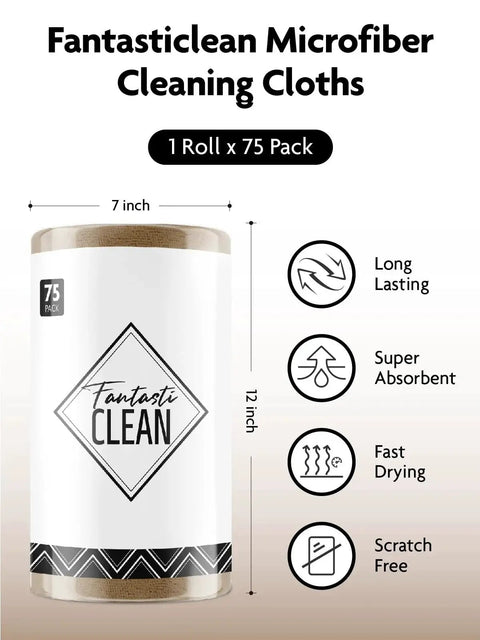 Tear-Away Microfiber Cleaning Cloth Roll 12-Inch Reusable 75 Pack with features including long lasting, super absorbent.