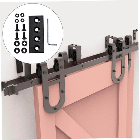 Metal Flat Plate Track Connector For Barn Doors 4 Hole Brace Melding Plate DIY Friendly Install visible with barn door hardware.