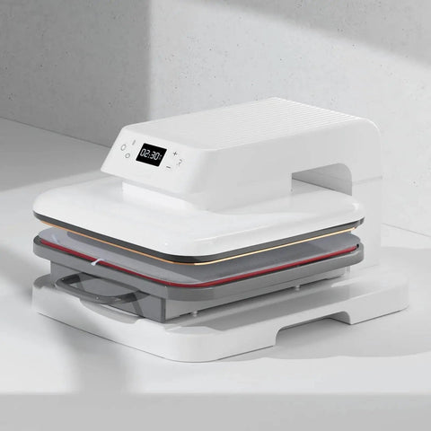 Front view of white heat press machine with digital timer and multi-layer pressing pad.
