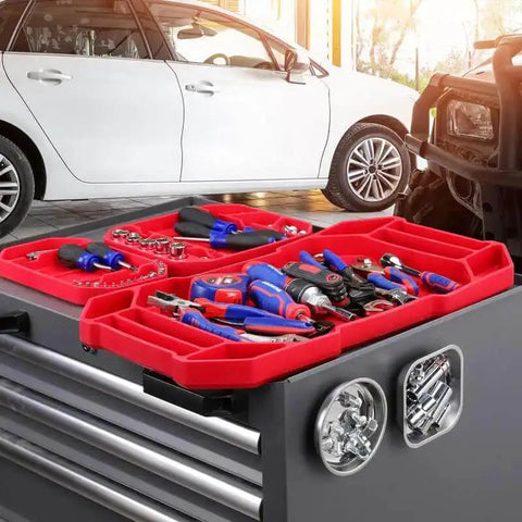 5-Piece Non-Slip Tool Tray Set With Silicone Tool Mats And Magnetic Parts Trays on garage workbench, holding tools securely