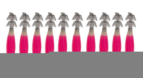 3.75 Inch Pink Fluorescent Squid Jigs Kit With Swivel Hook Assembly, 30 Pcs Glow In The Dark PVC Bodies For Saltwater Night Fishing