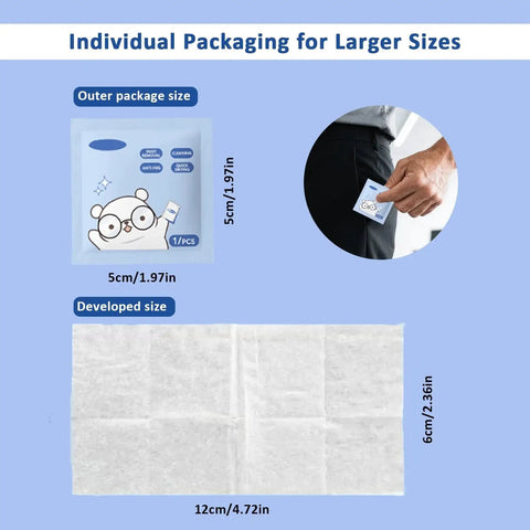 Anti Fog Lens Wipes For Glasses And Screens Scratchless 200 Moistened Wipes packaging with size and individual pack shown