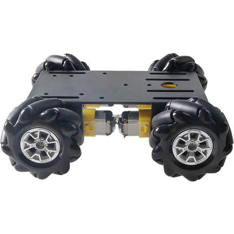 4WD Mecanum Wheel Car Chassis Kit With TT Motors and remote control, featuring black omnidirectional 60mm wheels, metal frame for DIY projects