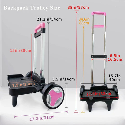 Foldable Aluminum Backpack Trolley Cart With Stair Climbing Wheels, Adjustable Handle And 77 Lb Capacity, dimensions labeled