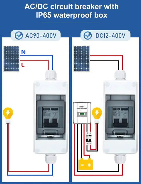 Rugged Solar Panel Disconnect Switch With IP65 DIN Box 30 Amp Dual Pole Isolator 12V To 400V AC DC Miniature Circuit Breaker