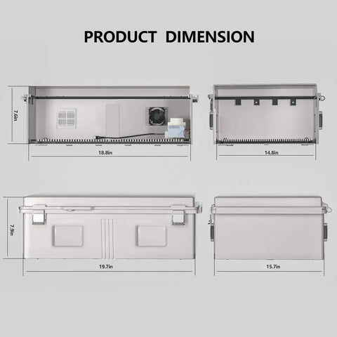 Outdoor Electrical Enclosure With Thermostat And Fan, dimensions view, ventilated all weather box, gray cover, rugged build.