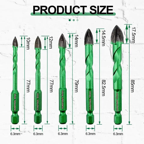 Masonry Diamond Drill Bit Set With Ten Carbide Bits And Quick Change Shank For Concrete Brick Tile Wood And Plastic Includes Sizes One Quarter Inch Five Sixteenth Inch Three Eighths Inch And One Half Inch Industrial Grade Tungsten Carbide Tips displayed in various sizes against a white brick wall.