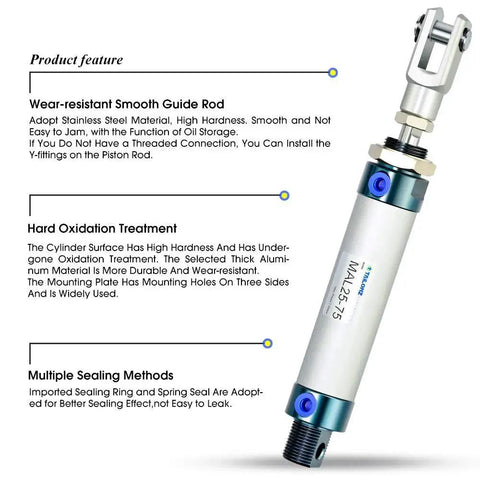 Tailonz pneumatic air cylinder, 25mm bore, 75mm stroke, double-acting with Y-connector and 6mm fittings