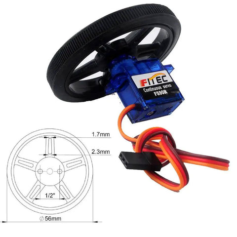 FS90R micro continuous-rotation servo (2-pack) front view with blue translucent housing, wheel, and 3-wire lead