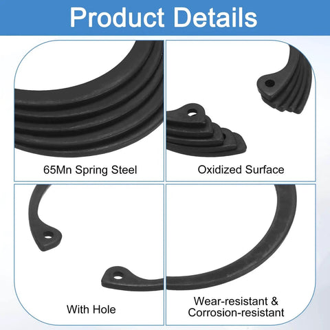 Close-up of Five Pack Internal Retaining Ring Circlips for Grooved Shafts and Studs, 65Mn Spring Steel, black finish, with hole feature