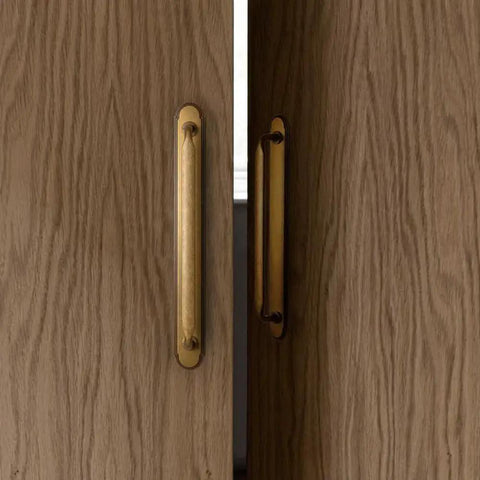 Antique Brass Zinc Alloy Cabinet Handle With Backplate 7.56 Inch Center To Center 192mm installed on wooden cabinet doors, side view