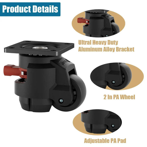 Heavy Duty 2 Inch Caster Wheels Set Of 4 With Ratchet Handle Leveling Casters Retractable Height Adjustable Total Capacity 2200 Lbs Adjustable Leveling Feet For Workbench Ideal For Heavy Duty Workbenches And Industrial Carts, showcasing adjustable PA pad and aluminum alloy bracket.