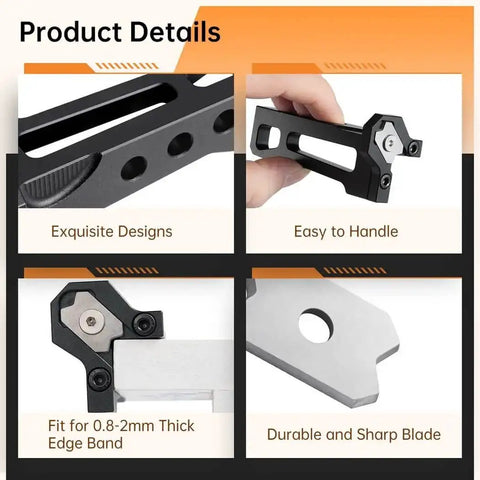 Compact Edge Band Trimmer Tool details showing handle, 0.8-2 mm edge fit, durable steel alloy construction, and sharp blade.