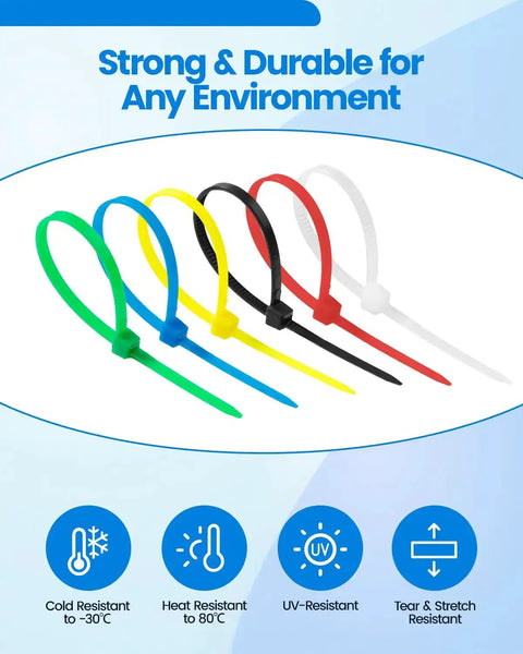 Heavy Duty Zip Ties Kit With Storage Box And Scissors 480 Pack 4 Inch Nylon 66 Cable Ties In Assorted Colors Black White Red Blue Green Yellow Two Point Five Millimeter Wide Durable For Cable Management And Pros And Diyers shown in various colors.