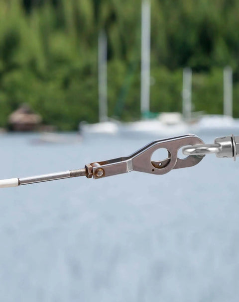 316 Stainless Steel Machinery Eye Bolt With Shoulder 3 Eighths Inch By 6 Inches Long Marine Grade Eyebolt in use on a boat
