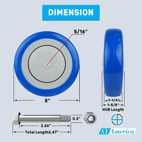 Five Inch Shopping Cart Wheel Set With Dual Precision Bearings And Polyurethane Tread Blue Crown, dimensions shown, side and front view