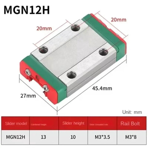 MGN12H guide block for linear rail system with adjustable 550mm to 1000mm length, shown with dimensions for CNC and DIY projects.
