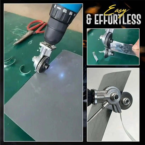 Metal Nibbler Drill Attachment for Fast Metal Cutting with Electric Shears shown cutting sheet metal effortlessly.