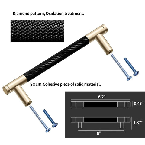Gold and black knurled 5 inch center bar cabinet pull with screws, diamond pattern, oxidation treatment diagram.